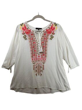 Andree by Unit Women Top Sz S White Embroidered Tunic Boho Floral Fairy Festival